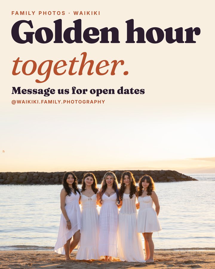 Instagram post: Golden hour together, five women in white dresses on Waikiki Beach
