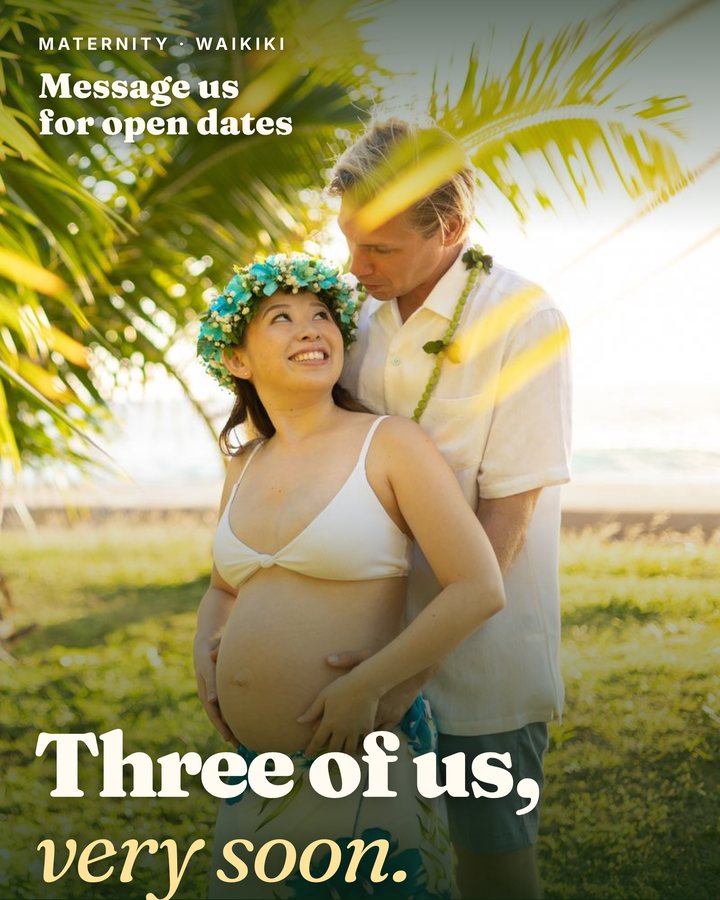 Instagram post: Three of us, very soon, a maternity couple under palm trees